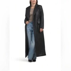 7 For All Mankind Black Faux Leather Trench Sz L Maxi Coat Long Belted Jacket